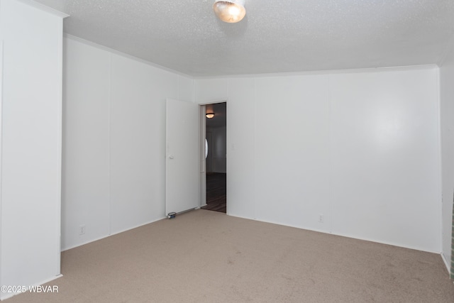 carpeted empty room featuring ornamental molding and a textured ceiling