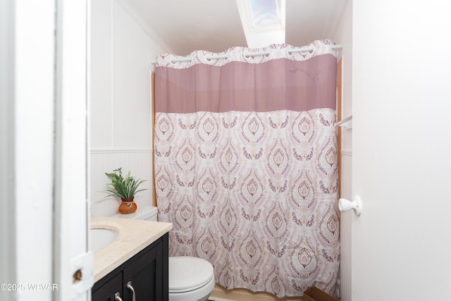 140 Bittners Park Rd, Trout Run, PA 17771 - bathroom featuring toilet, a wainscoted wall, a shower with shower curtain, crown molding, and vanity