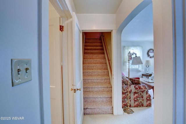 stairs with carpet and arched walkways