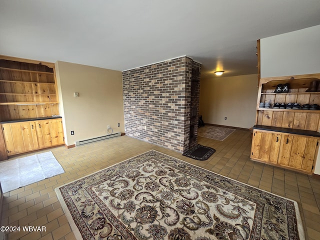 tiled living room featuring a baseboard radiator