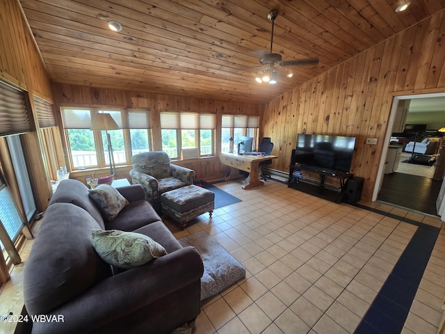 tiled living room with ceiling fan, baseboard heating, high vaulted ceiling, wood walls, and wood ceiling