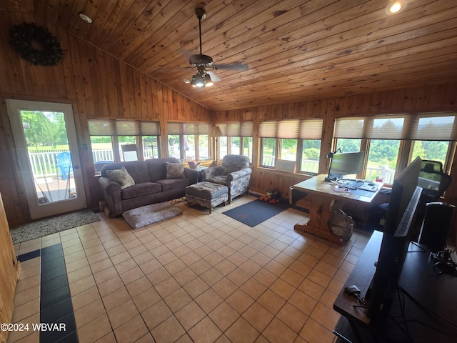 tiled living room with lofted ceiling, wood walls, wood ceiling, and ceiling fan