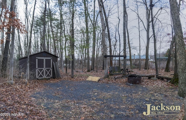 view of yard featuring a shed