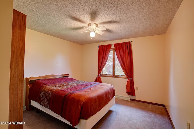 carpeted bedroom featuring ceiling fan, baseboard heating, and a textured ceiling