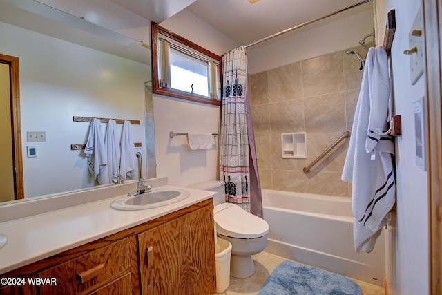 full bathroom with tile patterned flooring, vanity, toilet, and shower / bathtub combination with curtain