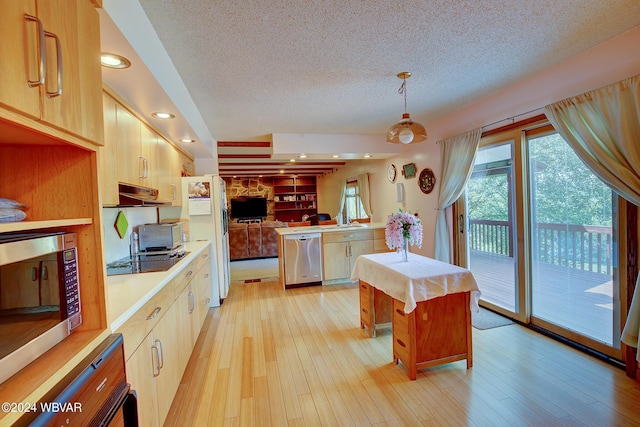 kitchen with light brown cabinetry, light wood-type flooring, decorative light fixtures, and stainless steel appliances