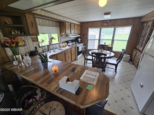446 State St, Jersey Shore, PA 17740 - kitchen featuring white appliances, brown cabinets, wooden walls, and open shelves
