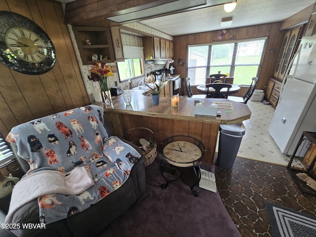 446 State St, Jersey Shore, PA 17740 - kitchen featuring wood walls, freestanding refrigerator, and range with electric stovetop