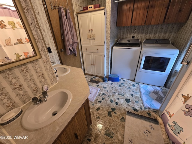 446 State St, Jersey Shore, PA 17740 - full bathroom featuring wallpapered walls, independent washer and dryer, and vanity