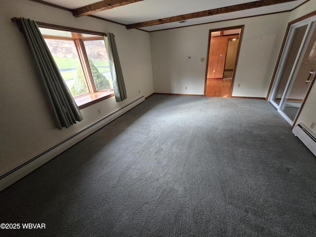 carpeted spare room with a baseboard radiator, baseboards, and beamed ceiling