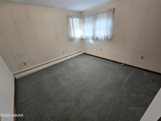 empty room featuring a baseboard radiator, carpet flooring, and baseboards