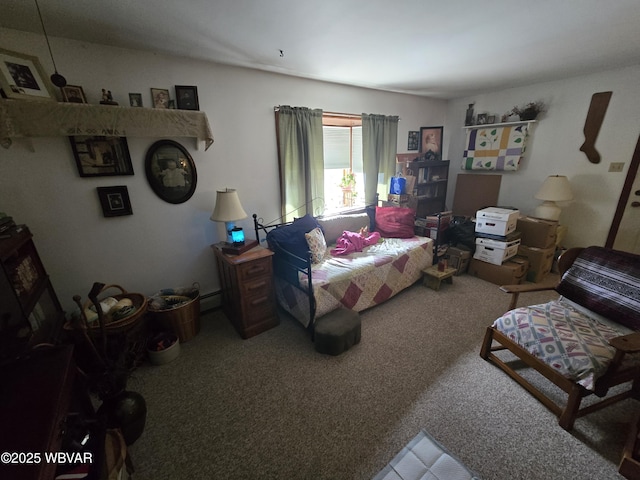 carpeted bedroom with a baseboard heating unit