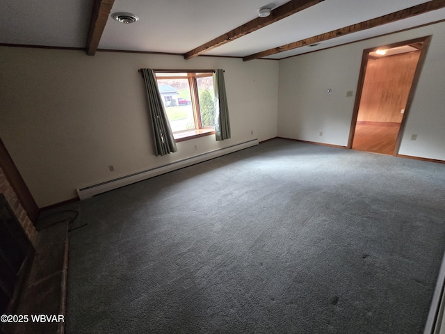 carpeted empty room featuring a baseboard radiator, beam ceiling, visible vents, and baseboards