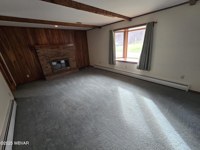 unfurnished living room with a baseboard radiator, carpet flooring, beamed ceiling, and wooden walls