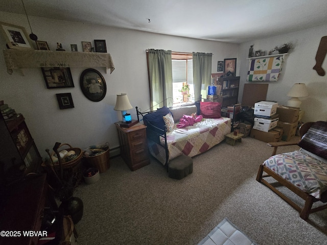 carpeted bedroom featuring baseboard heating