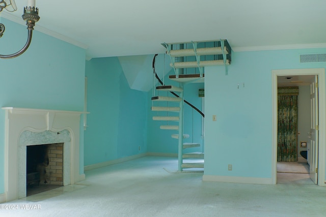 unfurnished living room featuring light colored carpet, a premium fireplace, and ornamental molding