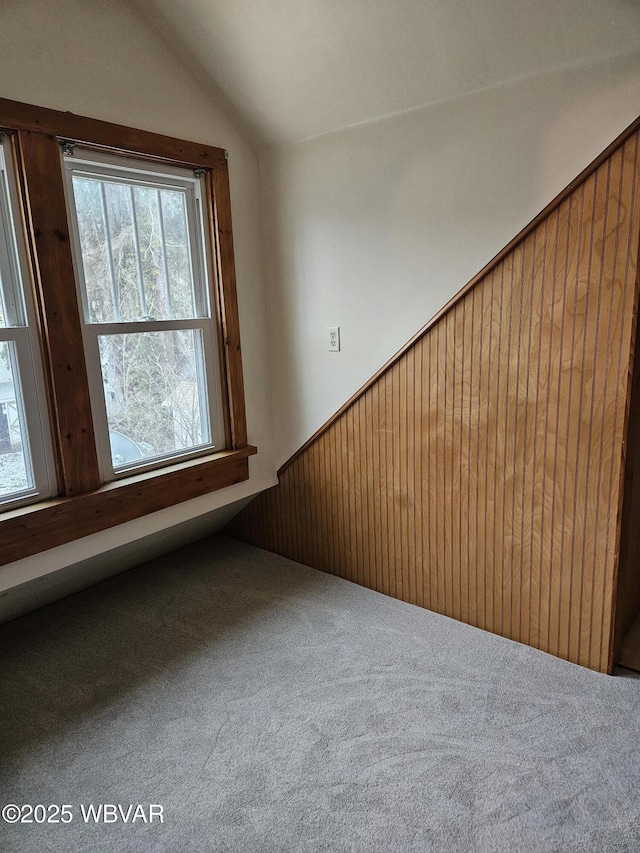 additional living space with wood walls, carpet, and vaulted ceiling