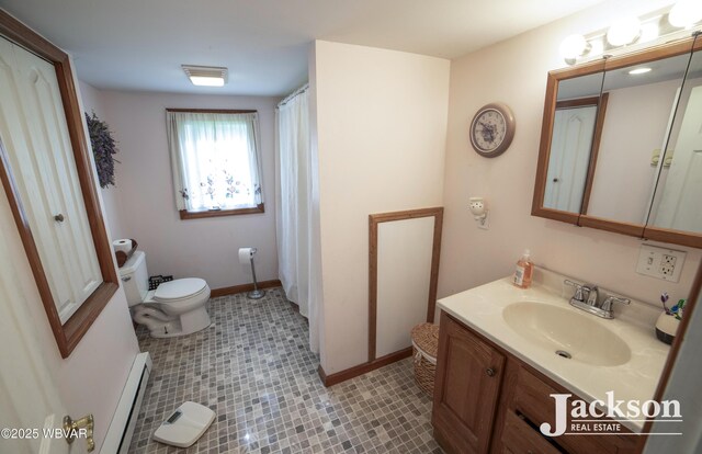 232 Nelson St, Jersey Shore, PA 17740 - bathroom with a baseboard heating unit, toilet, vanity, baseboards, and curtained shower