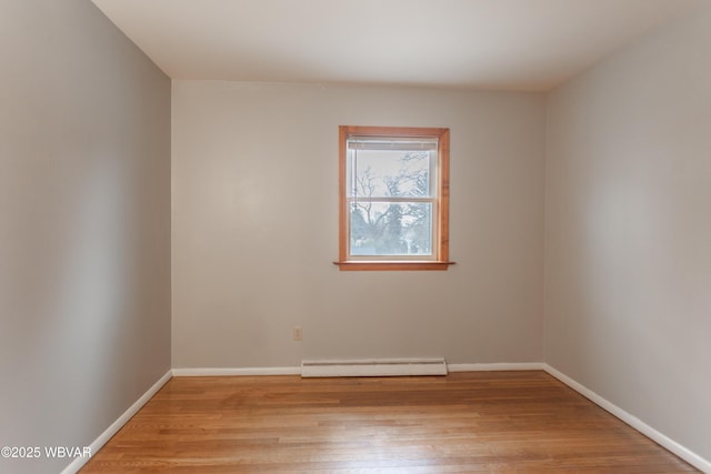 unfurnished room featuring light hardwood / wood-style floors and a baseboard radiator