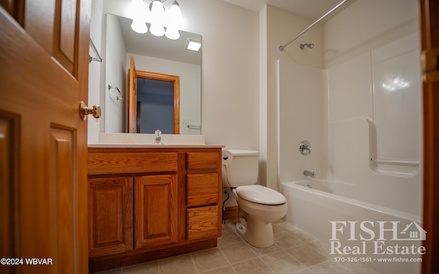 full bathroom with bathing tub / shower combination, tile patterned flooring, vanity, and toilet