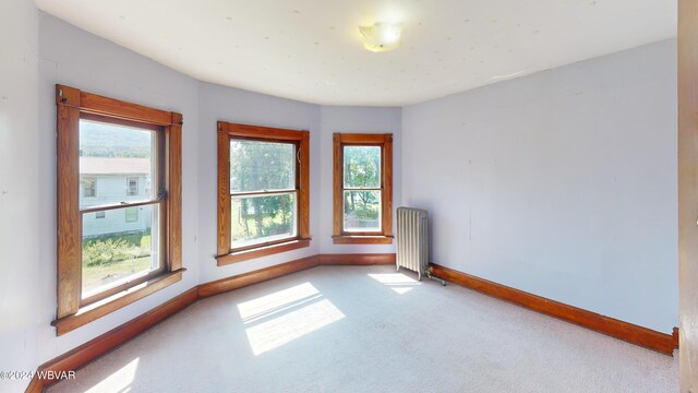 empty room featuring light carpet and radiator