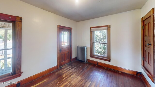 entrance foyer featuring a healthy amount of sunlight, dark wood-type flooring, and radiator