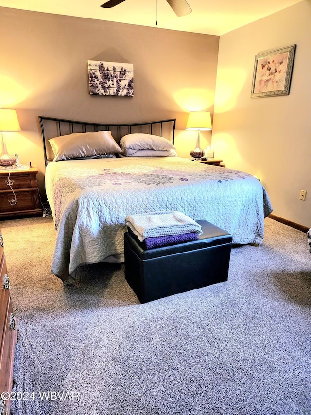 bedroom featuring carpet flooring, ceiling fan, and baseboards