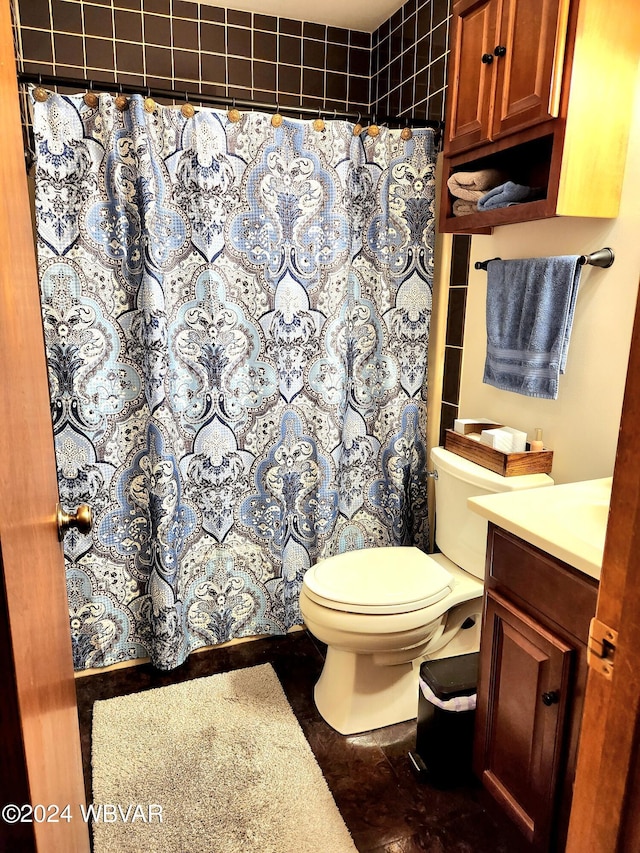 bathroom with vanity, toilet, and a shower with curtain