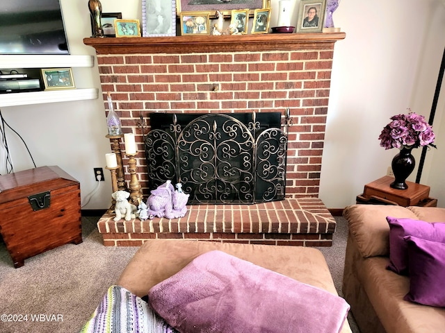 room details with a brick fireplace and carpet flooring