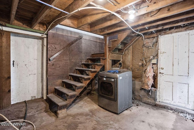 152 Carpenter St, Dushore, PA 18614 - unfinished basement featuring washer / dryer and stairway