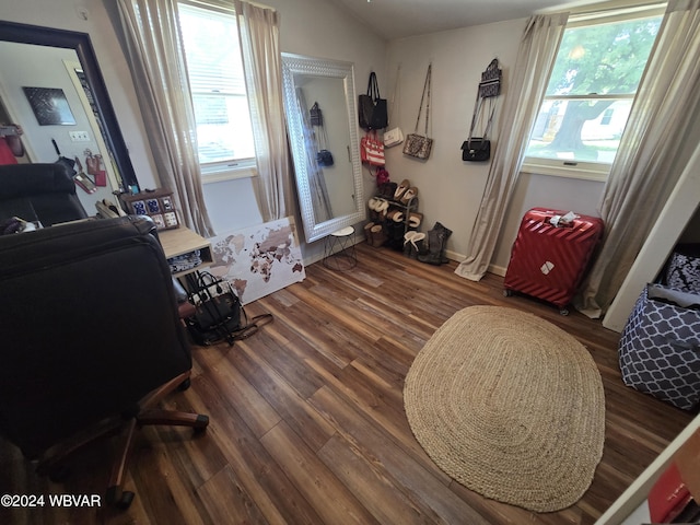 bedroom with lofted ceiling, dark wood-type flooring, and multiple windows