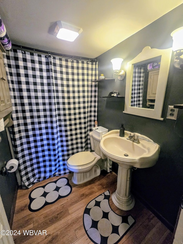 bathroom with wood-type flooring, toilet, and sink