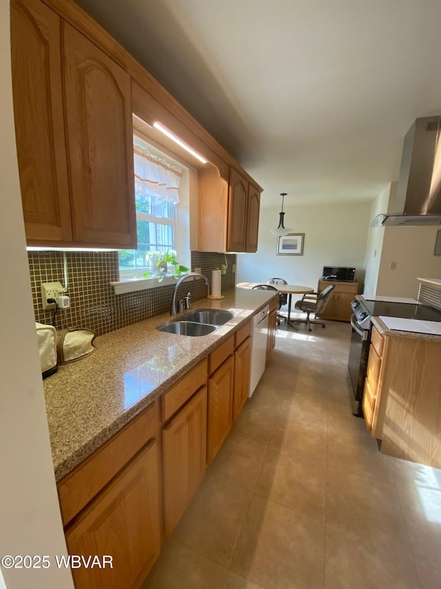 29 S Parsons Dr, Mill Hall, PA 17751 - kitchen featuring wall chimney exhaust hood, white dishwasher, black electric range, decorative backsplash, and light tile patterned flooring