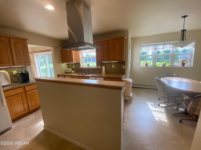 29 S Parsons Dr, Mill Hall, PA 17751 - kitchen with island exhaust hood, a baseboard radiator, plenty of natural light, a center island, and recessed lighting