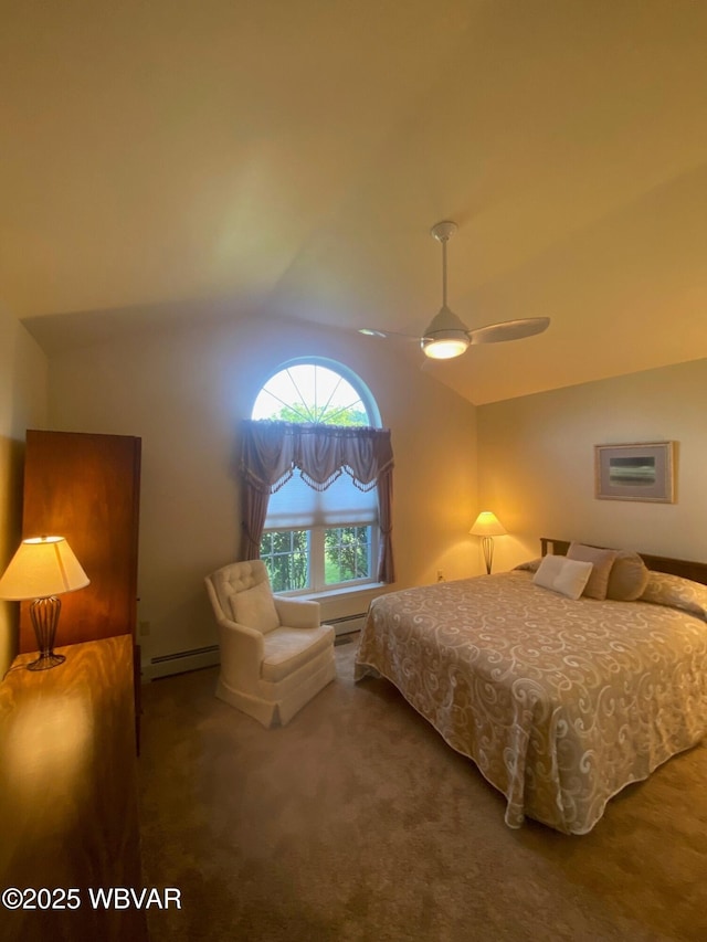 29 S Parsons Dr, Mill Hall, PA 17751 - carpeted bedroom featuring a baseboard radiator, vaulted ceiling, and a ceiling fan