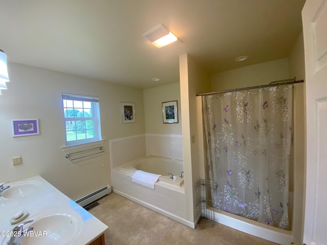 29 S Parsons Dr, Mill Hall, PA 17751 - bathroom featuring baseboard heating, a garden tub, double vanity, tile patterned floors, and a shower with shower curtain