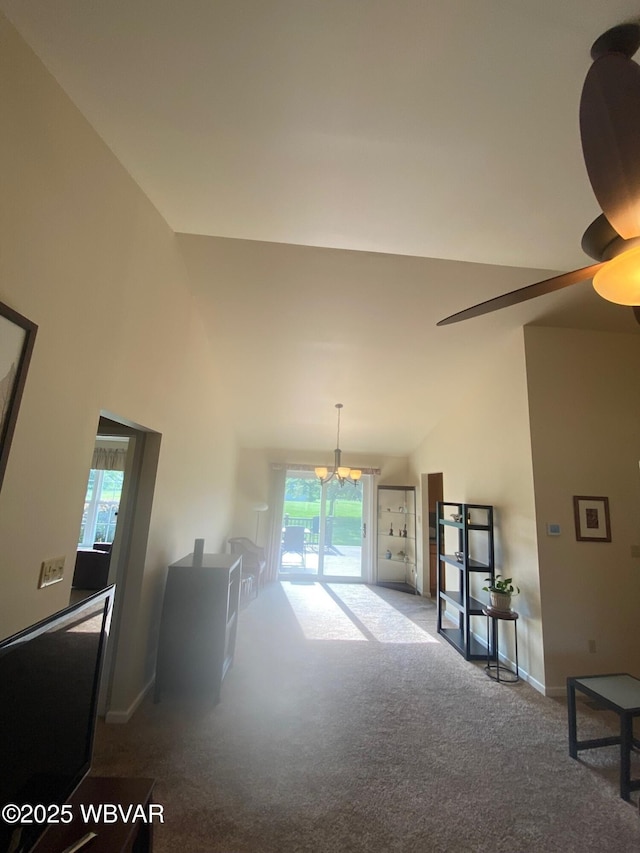 29 S Parsons Dr, Mill Hall, PA 17751 - carpeted living room with high vaulted ceiling and a chandelier