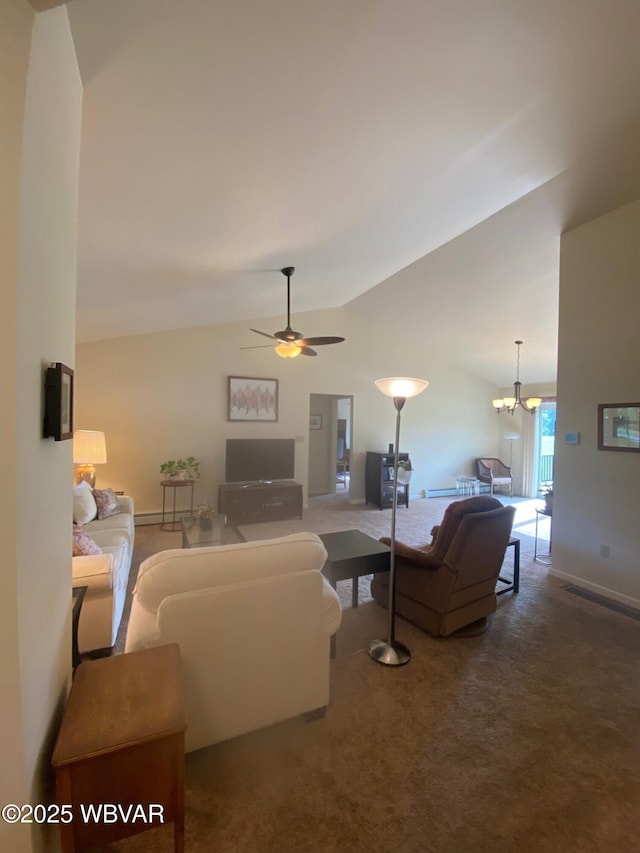 29 S Parsons Dr, Mill Hall, PA 17751 - living area featuring vaulted ceiling, carpet, a ceiling fan, and a chandelier