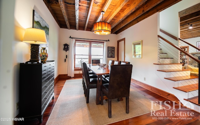 dining area with beam ceiling, dark hardwood / wood-style floors, and wooden ceiling