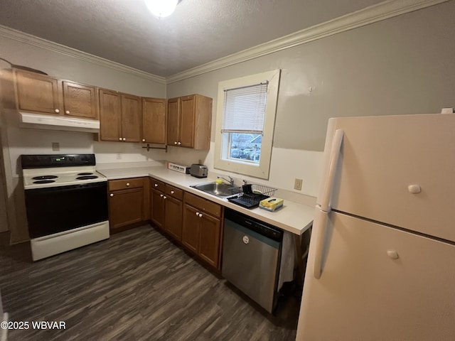 kitchen with electric range, sink, stainless steel dishwasher, white refrigerator, and crown molding