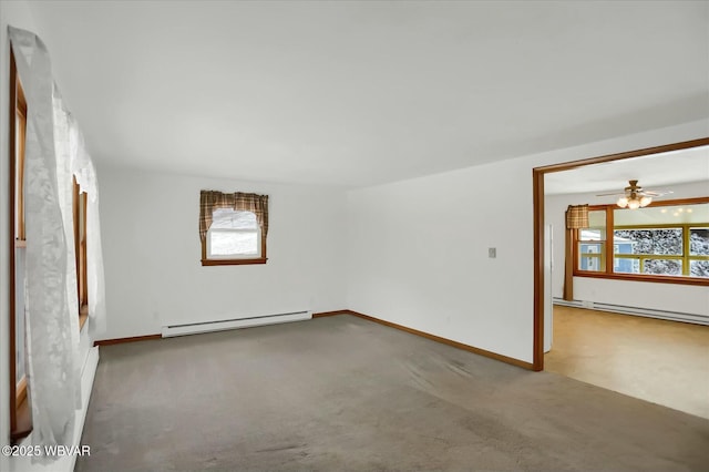 unfurnished room featuring ceiling fan, carpet floors, and baseboard heating