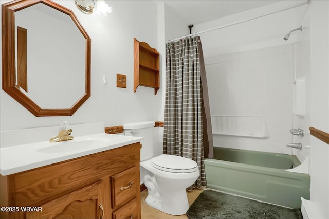 full bathroom featuring shower / bath combination with curtain, vanity, and toilet