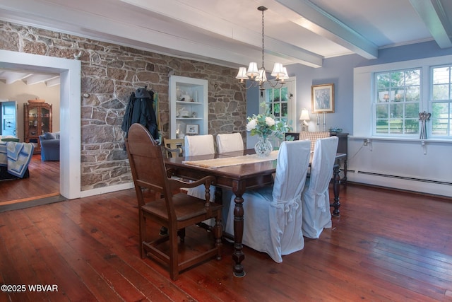 320 Carpenters Ln, Pennsdale, PA 17756 - dining area with a chandelier, beam ceiling, hardwood / wood-style flooring, and a baseboard heating unit