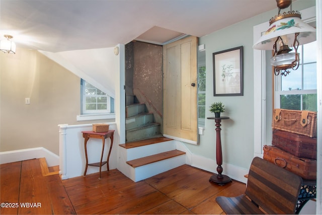 320 Carpenters Ln, Pennsdale, PA 17756 - stairs with hardwood / wood-style floors, baseboards, and healthy amount of natural light