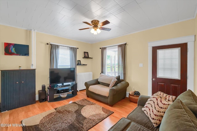 living room featuring hardwood / wood-style floors, ceiling fan, radiator heating unit, and ornamental molding