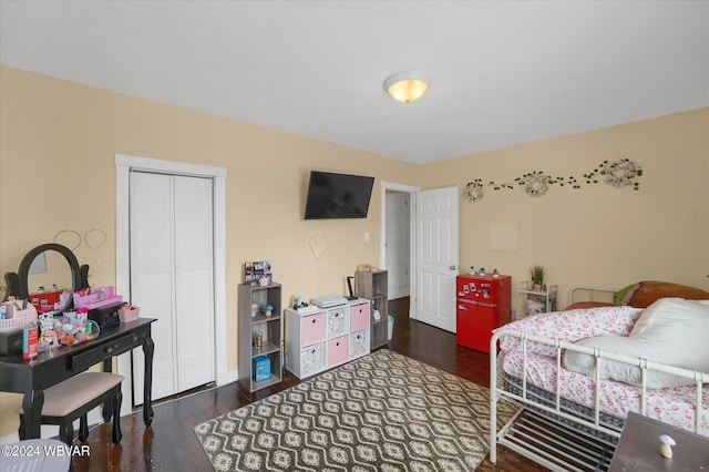 bedroom featuring dark wood-type flooring and a closet