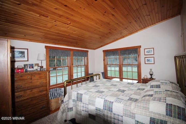 bedroom featuring vaulted ceiling, wooden ceiling, and crown molding