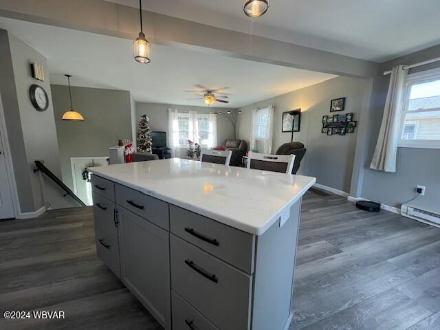 kitchen featuring dark hardwood / wood-style floors, a center island, a healthy amount of sunlight, and decorative light fixtures