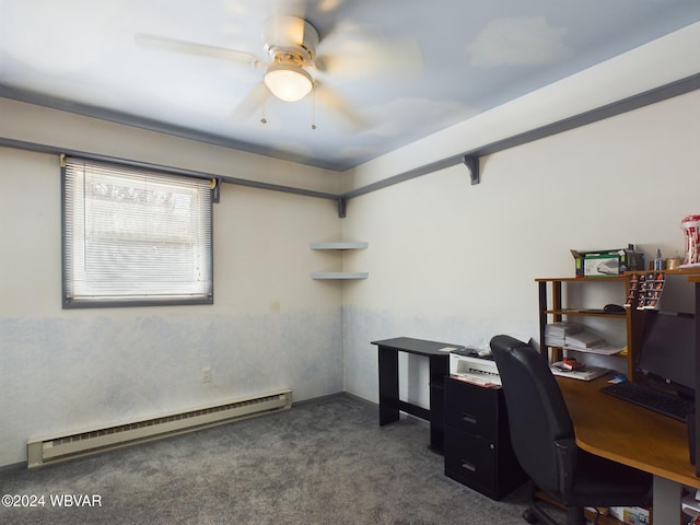 home office featuring ceiling fan, a baseboard radiator, and dark carpet