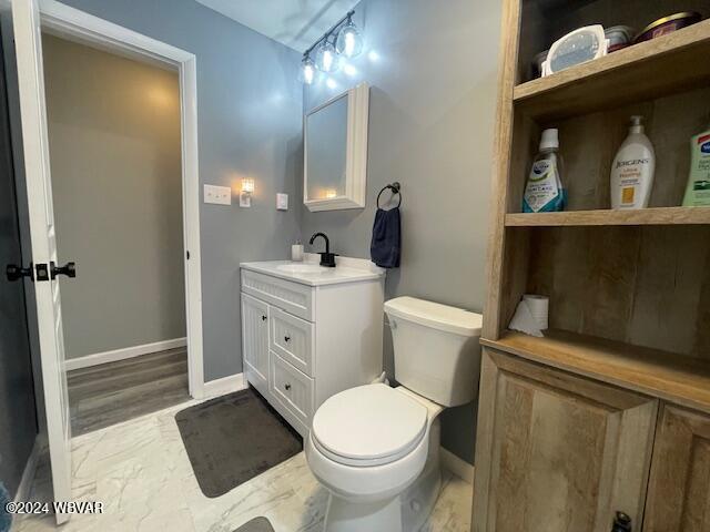 bathroom with vanity, hardwood / wood-style flooring, and toilet